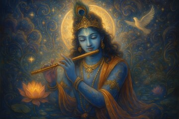 Spiritual artwork depicting Krishna's divine play with celestial wonder and mystical beauty