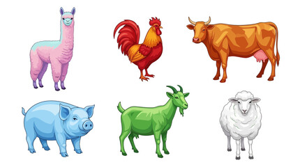 Vector illustration of farm animals including llama, rooster, cow, pig, goat, and sheep vector drawing art