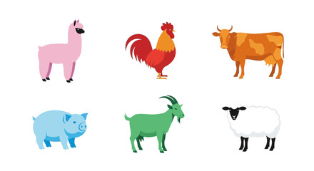 Fototapeta premium Vector farm animals illustration vector set featuring cow pig sheep goat rooster and llama for educational use