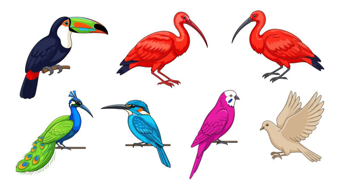Vector colorful tropical birds illustration toucan ibis peacock kingfisher parakeet dove drawing vector image
