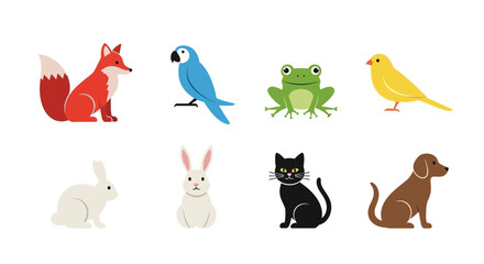 Naklejka premium Vector collection of cartoon animals vector illustration featuring fox parrot frog canary rabbit cat and dog design
