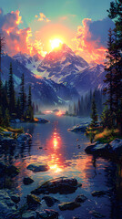 glowing sunset over still mountain lake with vibrant sky