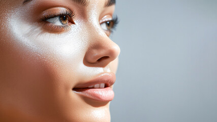 Close-up of young Caucasian woman with glowing skin, radiant highlight across cheek, soft smile, natural makeup. Concept of luminous healthy skin, trendy shimmer based beauty look. Banner. Copy space