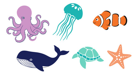 Naklejka premium Vector ocean animals clip art vector illustration featuring octopus jellyfish clownfish whale turtle starfish design