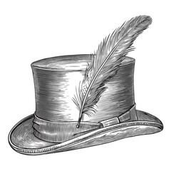 Vintage Top Hat Illustration with Feather: A Classic Black and White Drawing of Aristocratic 19th Century Elegance in Retro Fashion