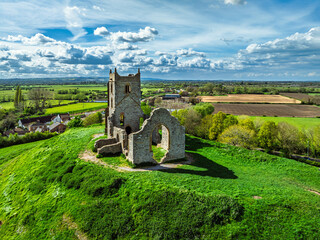 Burrow Mump from a drone, Southlake Moor, Burrowbridge, Taunton, Somerset, England