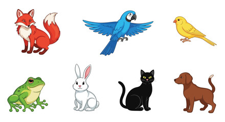 Vector cartoon animal illustration featuring fox parrot canary frog rabbit cat and dog vector graphic image