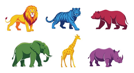 Obraz premium Vector colorful cartoon vector illustration of african animals lion tiger bear elephant giraffe and rhino art design