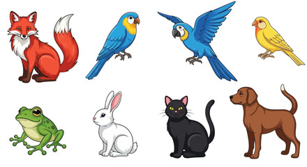 Vector cartoon animals vector illustration featuring fox parrot dog cat rabbit frog and canary clip art design