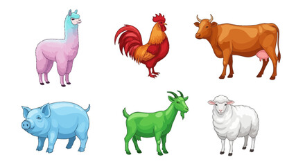 Vector illustration of farm animals including cow, rooster, pig, goat, sheep and llama vector drawing art design