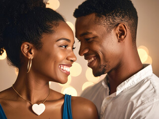 photo of A loving couple stands close, completely absorbed in each other. Their eyes meet with tenderness, or they share a soft smile or gentle laugh. 