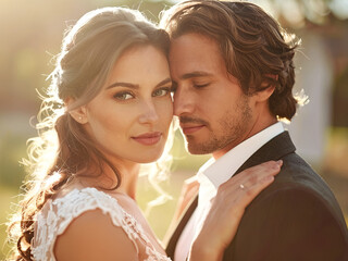 photo of A loving couple stands close, completely absorbed in each other. Their eyes meet with tenderness, or they share a soft smile or gentle laugh. 