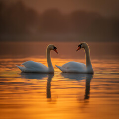 Serene Sunrise: Romantic Swan Couple in Tranquil Lake with Golden Reflections and Autumn Hues