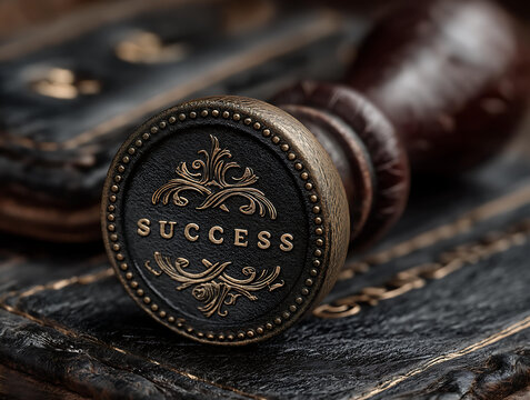 Elegant Vintage Seal Stamp: Intricate Emblem of Success and Achievement in Antique Stationery Design