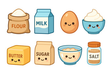 Cute kawaii kitchen ingredients vector illustration for cooking design