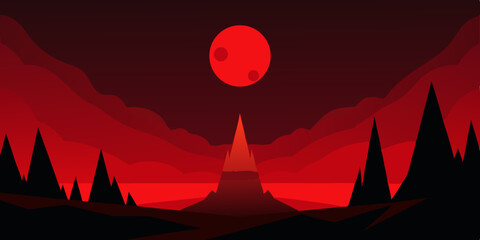 Crimson Night Blood Moon over a Mysterious Mountain Peak