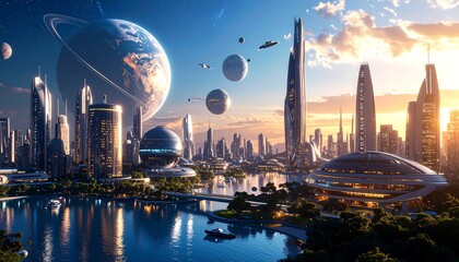 Exploring Futuristic Cityscape with Floating Planets and Modern Architecture