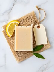 Refreshing Natural Handmade Soap with a Slice of Lemon and Green Leaves