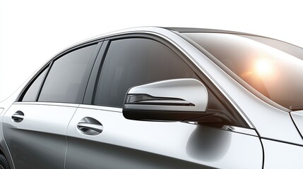 Car window with tinting reflecting sunlight on metallic finish  
