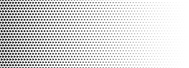 Fading triangle halftone gradient texture. Abstract geometric background. Tech triangular halfton gradation pattern. Vanishing mosaic arrow wallpaper for poster, banner, booklet. Vector backdrop