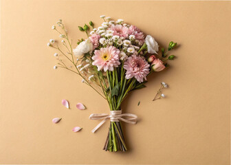 Small bouquet of flowers on a beige background. pastel color.	light pink. white. copy space. text space. message space