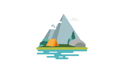 Sunny day landscape illustration in flat style with tent, campfire, mountains, forest and water. Background for summer camp, nature tourism, camping or hiking design concept.