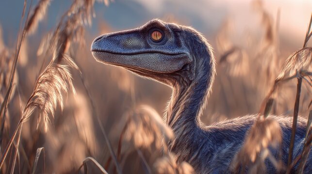 Jurassic Wonder: A realistic depiction of a Velociraptor, emerging amidst the tall grass, its gaze both captivating and mysterious.