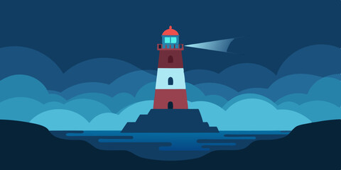 A radiant white lighthouse illuminates the dark ocean, a solitary beacon guiding ships along the rocky coast