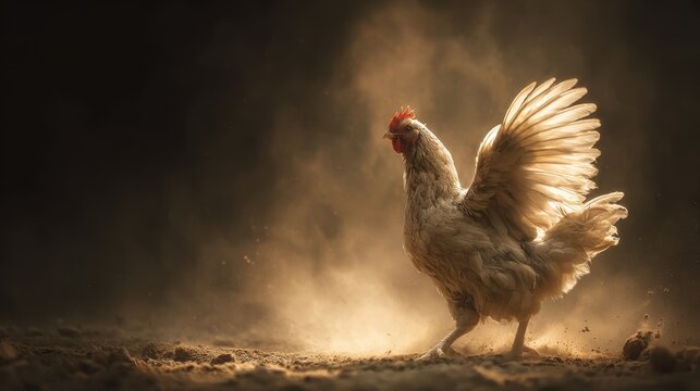 Chicken Dust Bath: A white hen dramatically spreads its wings, kicking up dust in a golden light. The image evokes feelings of freedom and primal instinct.
