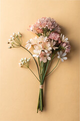 Small bouquet of flowers on a beige background. pastel color.	light pink. white. copy space. text space. message space