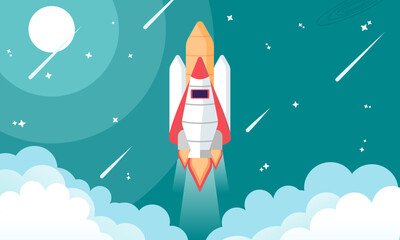 Obraz premium Rocket launch in the sky flying over clouds. Space ship in smoke clouds. Business concept. Start up template. Horizontal background. Simple modern cartoon design. Flat style vector illustration.