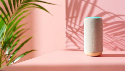 Beige cylindrical speaker with blue light on pink surface with palm leaf shadows technology audio