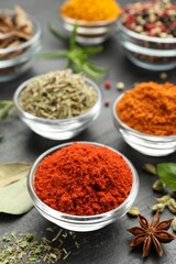 Different aromatic spices on grey table, closeup
