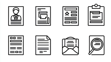 A set of business and career focused icons illustrating various aspects of professional life including documents resumes job applications hiring and recruitment administrative tasks