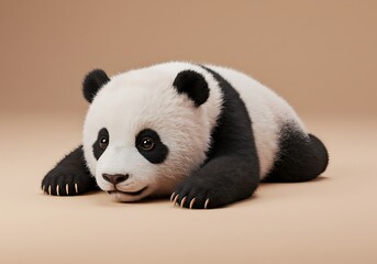 Fototapeta premium Panda Cub Lying on Belly on Pale Peach Background