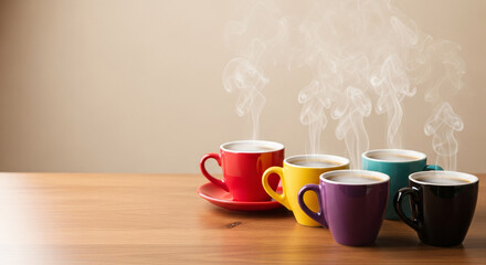 Obraz premium Colorful Coffee Cups With Steaming Beverages Arranged On A Wooden Table Against A Plain Background