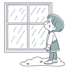 A young child with a wistful expression looks out a window at the falling rain standing on a stylized cloud with grass