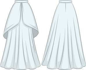 Elegant High-Low Skirt Technical Flat Sketch Set, Featuring Cascading Ruffles, Ideal for Formal, Bridal, and Evening Wear Design.