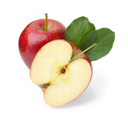 Cut, whole apples and leaves isolated on white