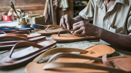 An elderly artisan meticulously handcrafts traditional leather sandals in his rustic workshop