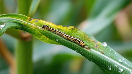 Caterpillar on Dew-Kissed Leaf: A detailed close-up of a small caterpillar crawling on a vibrant green leaf glistening with morning dew.