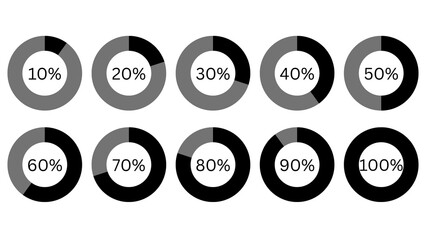 Set of Gray and Black Pie Chart Progress Indicators isolated on transparent background.