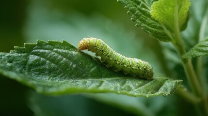 Obraz premium Caterpillar on Leaf: This captivating photo showcases a vibrant green caterpillar gracefully perched atop a lush green leaf, revealing intricate details and textures.