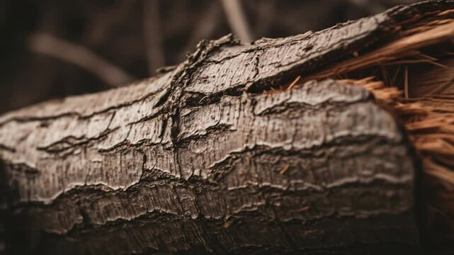 Close up sequence showing detailed natural textures of a broken timber log outdoors in a forest