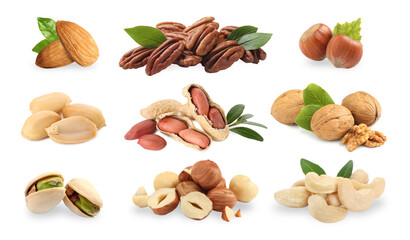 Peanut and other nuts isolated on white, set