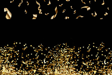 Shiny gold confetti on a dark background in a 3D style, great for party or holiday designs.
