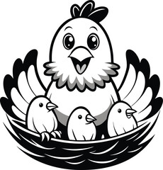 Fototapeta premium Cute hen and chicks in nest bird family