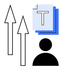 Person silhouette next to two upward arrows and layered documents. Ideal for career growth, knowledge sharing, content development, teamwork, creativity, education, simple landing page