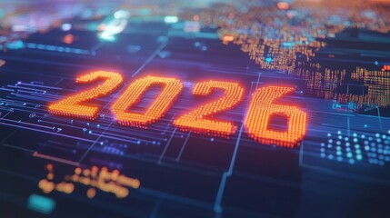 Fototapeta premium Futuristic digital display of year 2026 with circuit board background