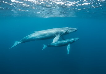 Fototapeta premium Whale Mother and Calf Swimming in Deep Ocean